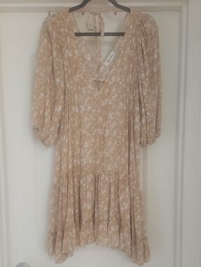 Beige Floral Midi Dress with V-Neck and Ruffle Hem